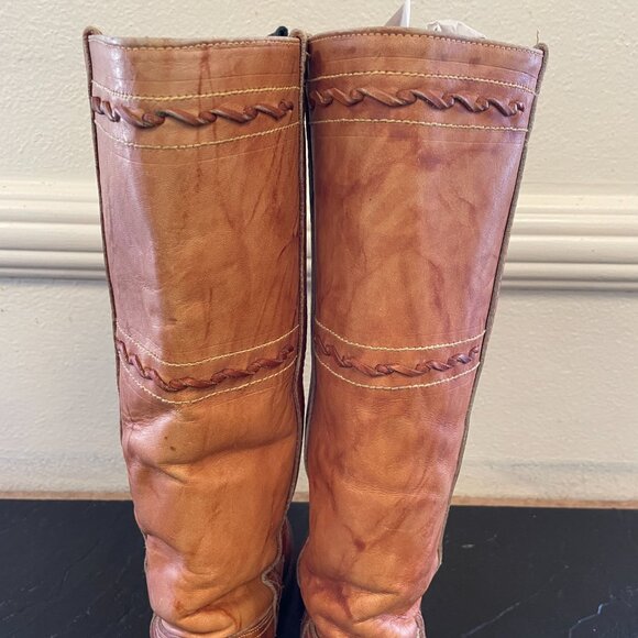 Vintage 70s Leather Square Toe Campus Boots Brown Tan Braided | Size 5.5 - Picture 8 of 15